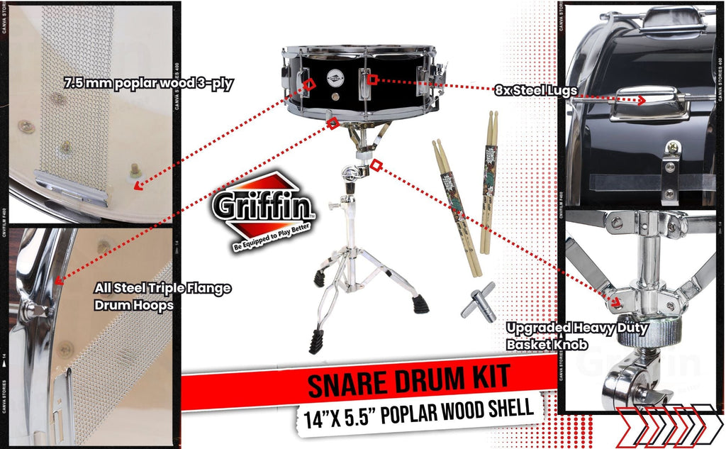 GRIFFIN Snare Drum Kit with Snare Stand, 2 Pairs of Drum Sticks & Drum Key | Wood Shell Drum Set, Maple Sticks, Chrome Holder Acoustic Marching Percussion Musical Instrument Practice Package GeekStands.com