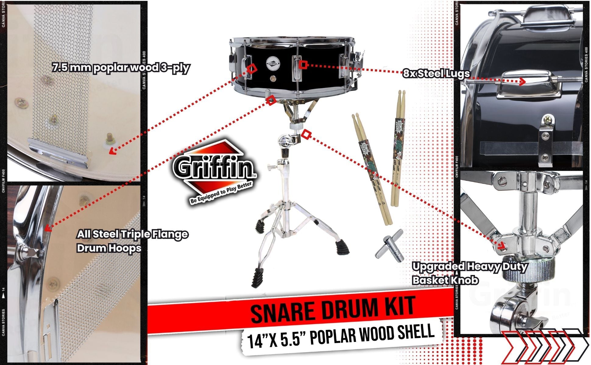 GRIFFIN Snare Drum Kit with Snare Stand, 2 Pairs of Drum Sticks & Drum Key | Wood Shell Drum Set, Maple Sticks, Chrome Holder Acoustic Marching Percussion Musical Instrument Practice Package GeekStands.com