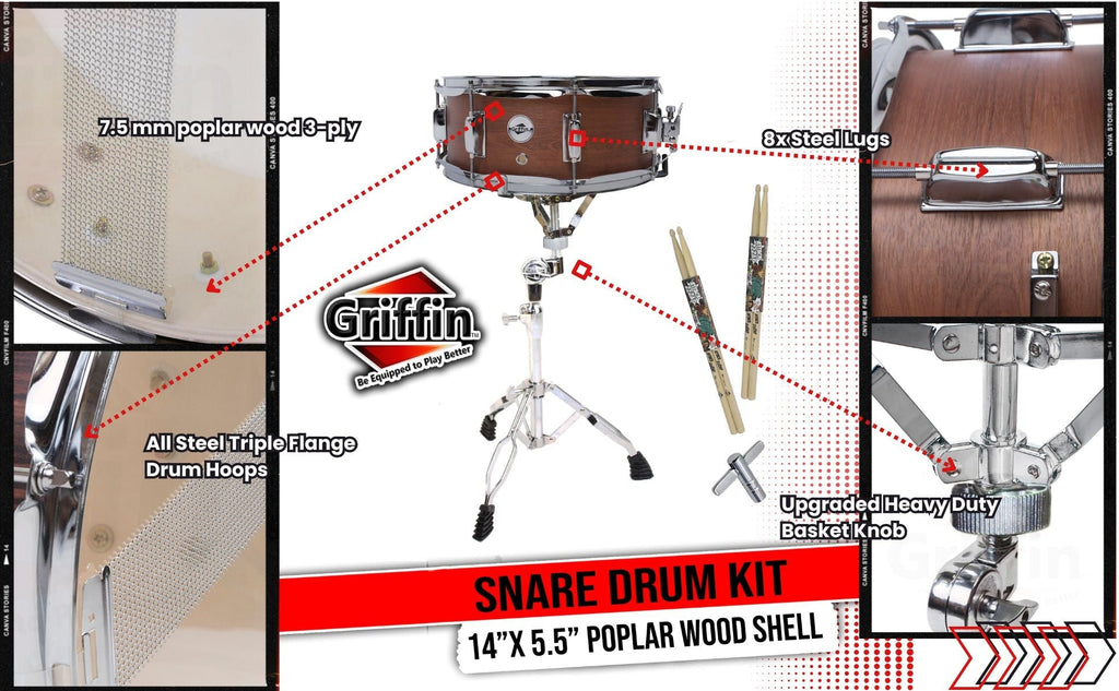 GRIFFIN Snare Drum Package with Snare Stand, 2 Pairs of Drum Sticks & Drum Key | Snare Kit with Poplar Wood Shell 14" x 5.5" with Flat Hickory PVC | 8 Metal Tuning Lugs & Snare Strainer Throw Off GeekStands.com