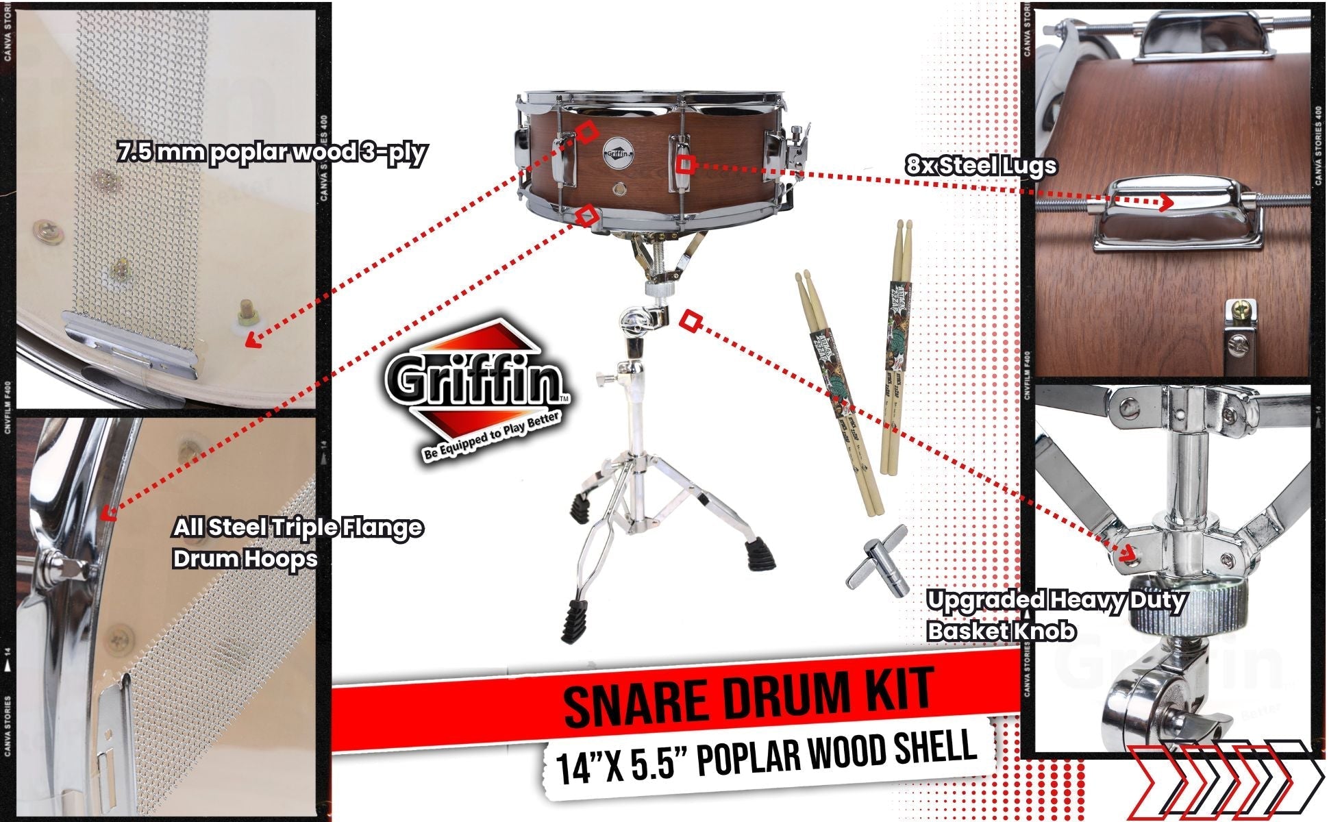 GRIFFIN Snare Drum Package with Snare Stand, 2 Pairs of Drum Sticks & Drum Key | Snare Kit with Poplar Wood Shell 14" x 5.5" with Flat Hickory PVC | 8 Metal Tuning Lugs & Snare Strainer Throw Off GeekStands.com