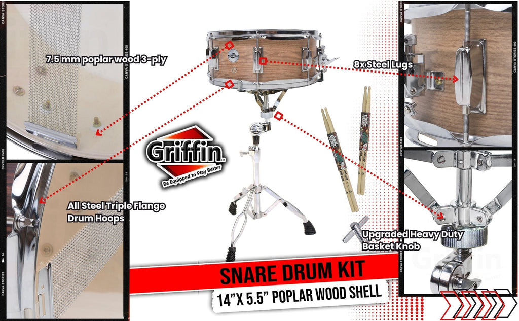 GRIFFIN Snare Drum Kit with Snare Stand, 2 Pairs of Maple Drum Sticks & Drum Key | Wood Shell Drum Set, Percussion Musical Instrument Practice Package | 8 Metal Tuning Lugs & Snare Strainer Throw Off GeekStands.com