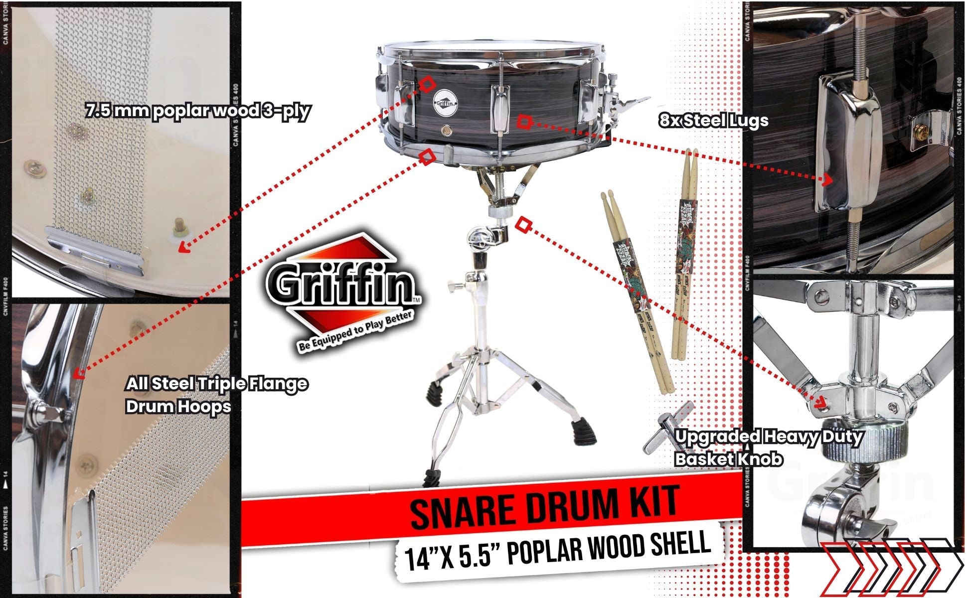 Snare Drum Kit by GRIFFIN | Includes Snare Stand, 2 Pairs of Maple Drum Sticks & Drum Key | 14" x 5.5" Poplar Shell | Percussion Musical Instrument Practice Package for Students & Professionals GeekStands.com