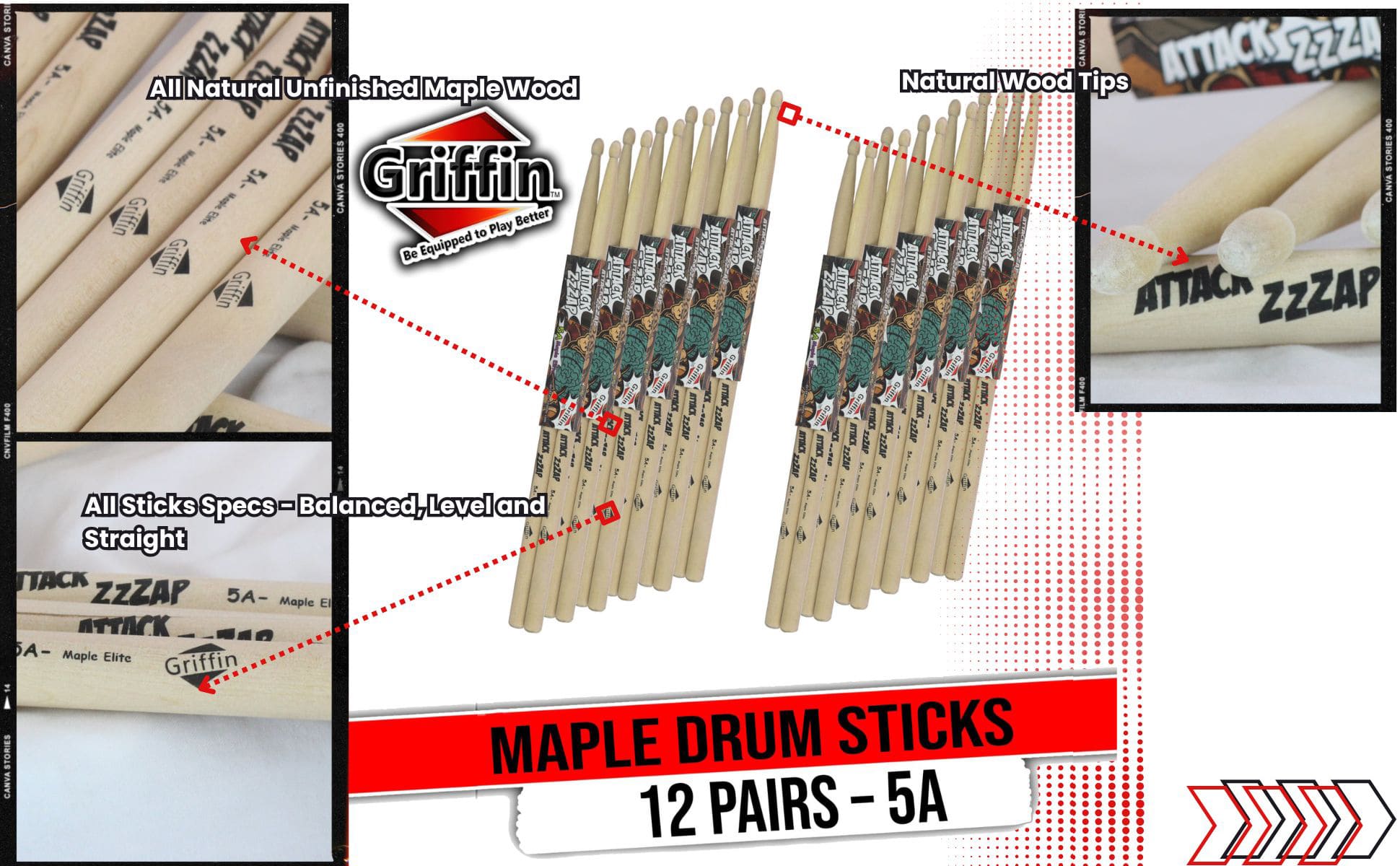 12 Pairs of Select Elite Maple Wood Drum Sticks by GRIFFIN Attack Zzzap - Size 5A Premium Balanced, Level and Straight - Drummers Percussion Classic Pure Grit Uncoated, Raw Wood Drumming Sticks GeekStands.com