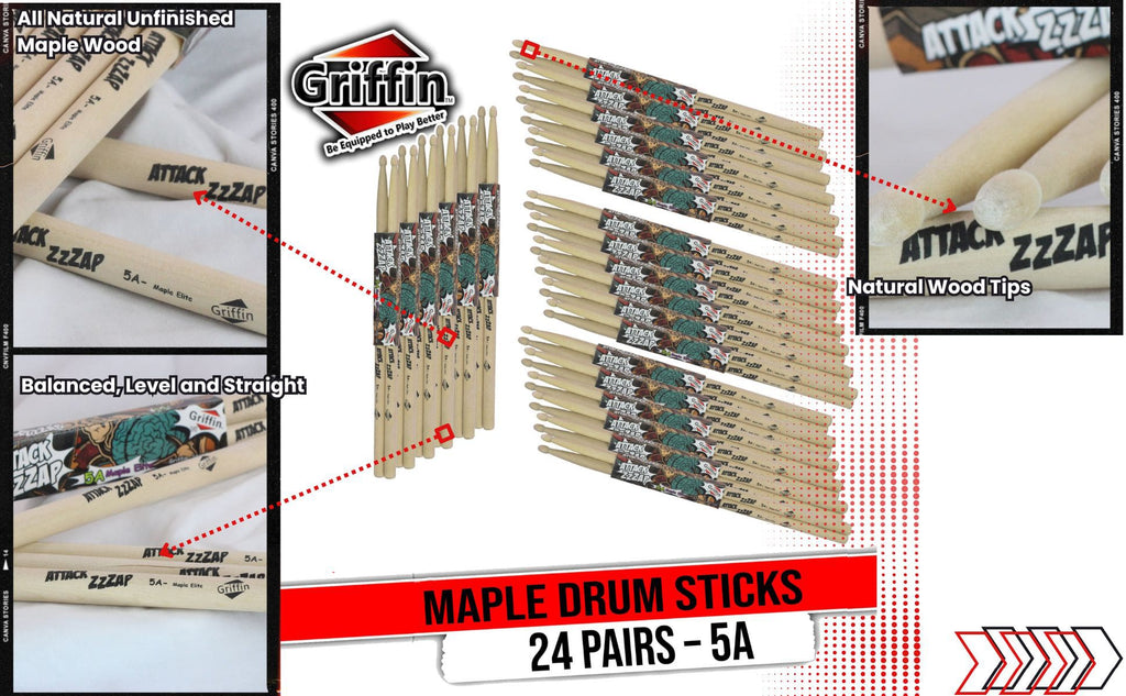 GRIFFIN Attack Zzzap Drum Sticks - 24 Pairs of Select Elite Maple Wood Size 5A - Drummers Percussion Classic Pure Grit Uncoated, Raw Wood Drumming Sticks - Premium Balanced, Level and Straight GeekStands.com
