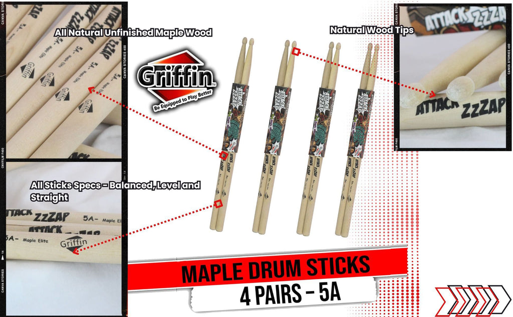 GRIFFIN Attack Zzzap Drum Sticks - 4 Pairs of Select Elite Maple Wood Size 5A - Premium Balanced, Level and Straight - Drummers Percussion Classic Pure Grit Uncoated, Raw Wood Drumming Sticks GeekStands.com