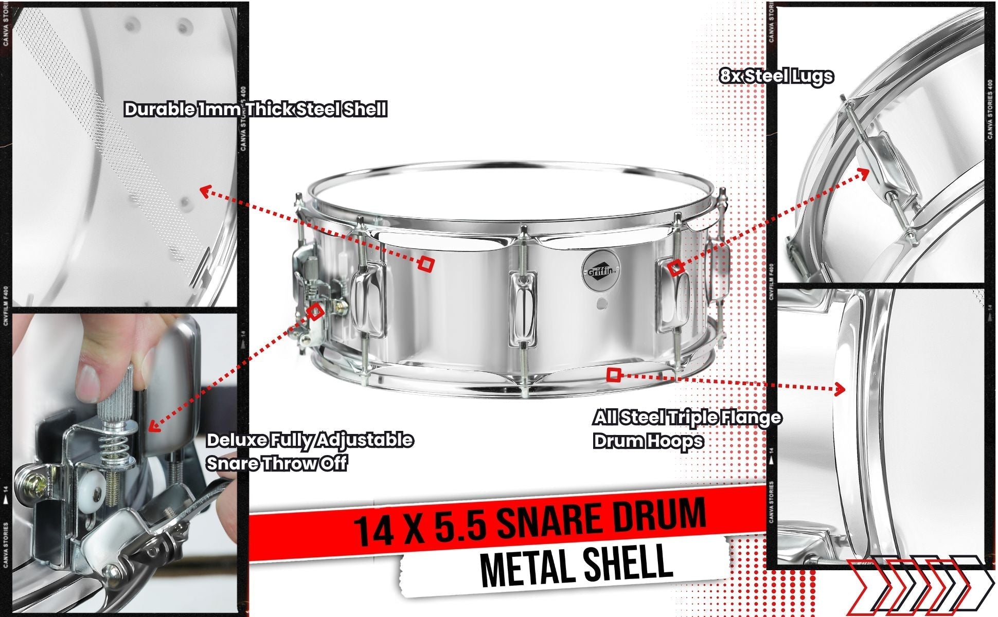 Metal Snare Drum by GRIFFIN | 14" x 5.5" inch Steel Chrome Shell | 8 Tuning Lugs & Snare Throw Off Strainer Set | Musical Instrument Kit & Drummers Key | Marching Percussion Hardware & Drum White Head GeekStands.com