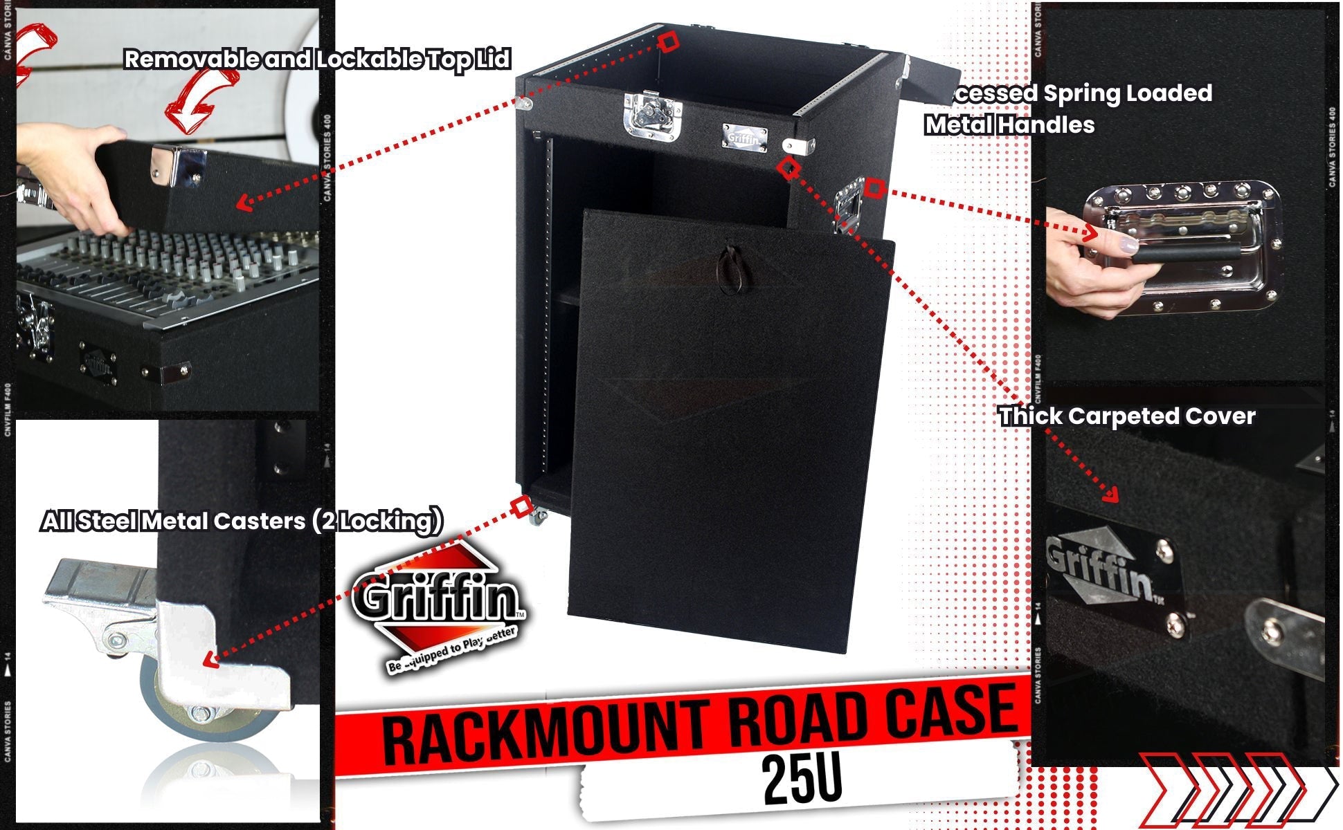 Ultimate Rackmount Studio Mixer Flight Road Case By GRIFFIN | 25U Mount Space Pro-Audio Amp Cabinet Travel Trunk For Music Gear Recording Equipment | Portable DJ Sound Booth Rack Stand Carpet PA Cart GeekStands.com