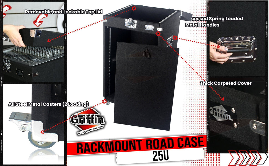 Rackmount Studio Mixer Flight Road Case By GRIFFIN - 25U Mount Space Ultimate Pro-Audio Amp Cabinet Travel Trunk For Music Gear Recording Equipment GeekStands.com
