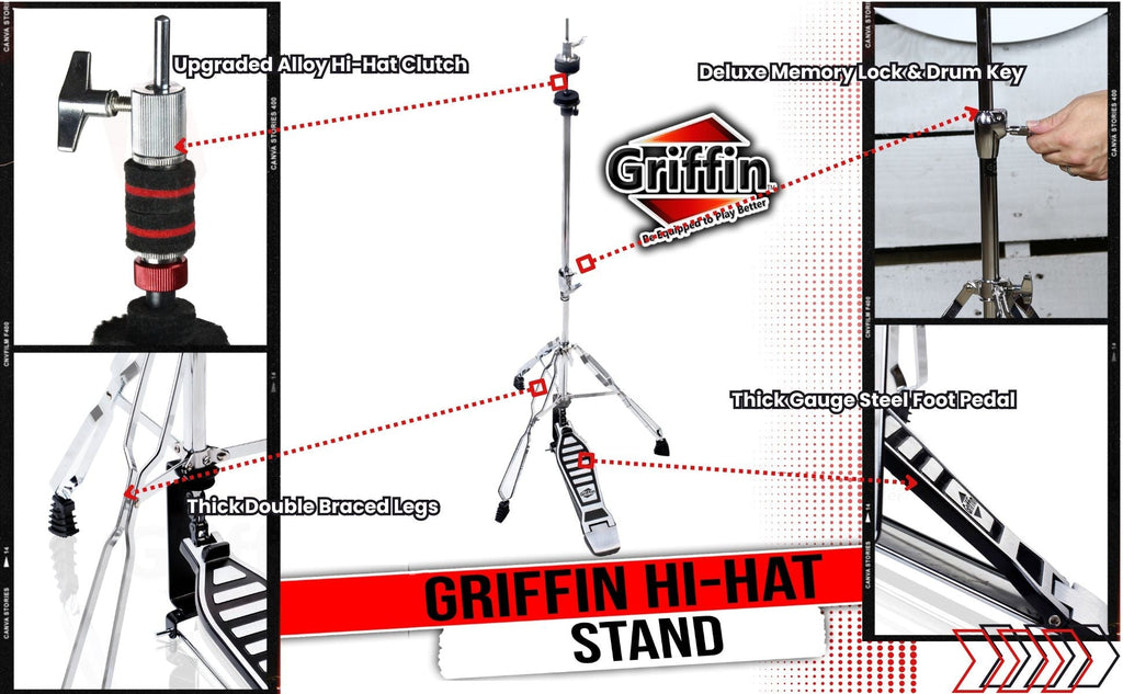 Deluxe Hi-Hat Stand by GRIFFIN | Hi Hat Cymbal Pedal With Pull Chain | HiHat Mount with Chrome Double Braced Hardware Accessory Set | Adjustable High Hat Holder Ideal for Mobile Percussion Drummers GeekStands.com