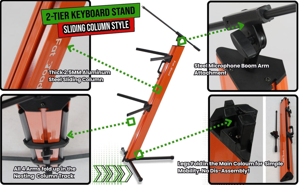 Keyboard Stand (2-Tier) with Mic Boom Arm Adapter by FAT TOAD - Professional Double Sliding Electronic Piano Column Tower for Turntable, DJ Audio Gear & Studio Synthesizer GeekStands.com