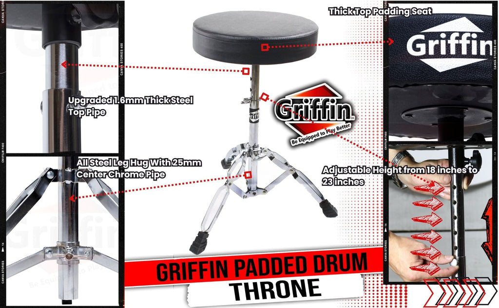 Drum Throne Stand by GRIFFIN | Padded Drummer’s Seat | Comfortable Drum Set Percussion Chair for Adults | Professional Musicians Guitar Stool Double Braced Hardware for Practice with Adjustable Height GeekStands.com
