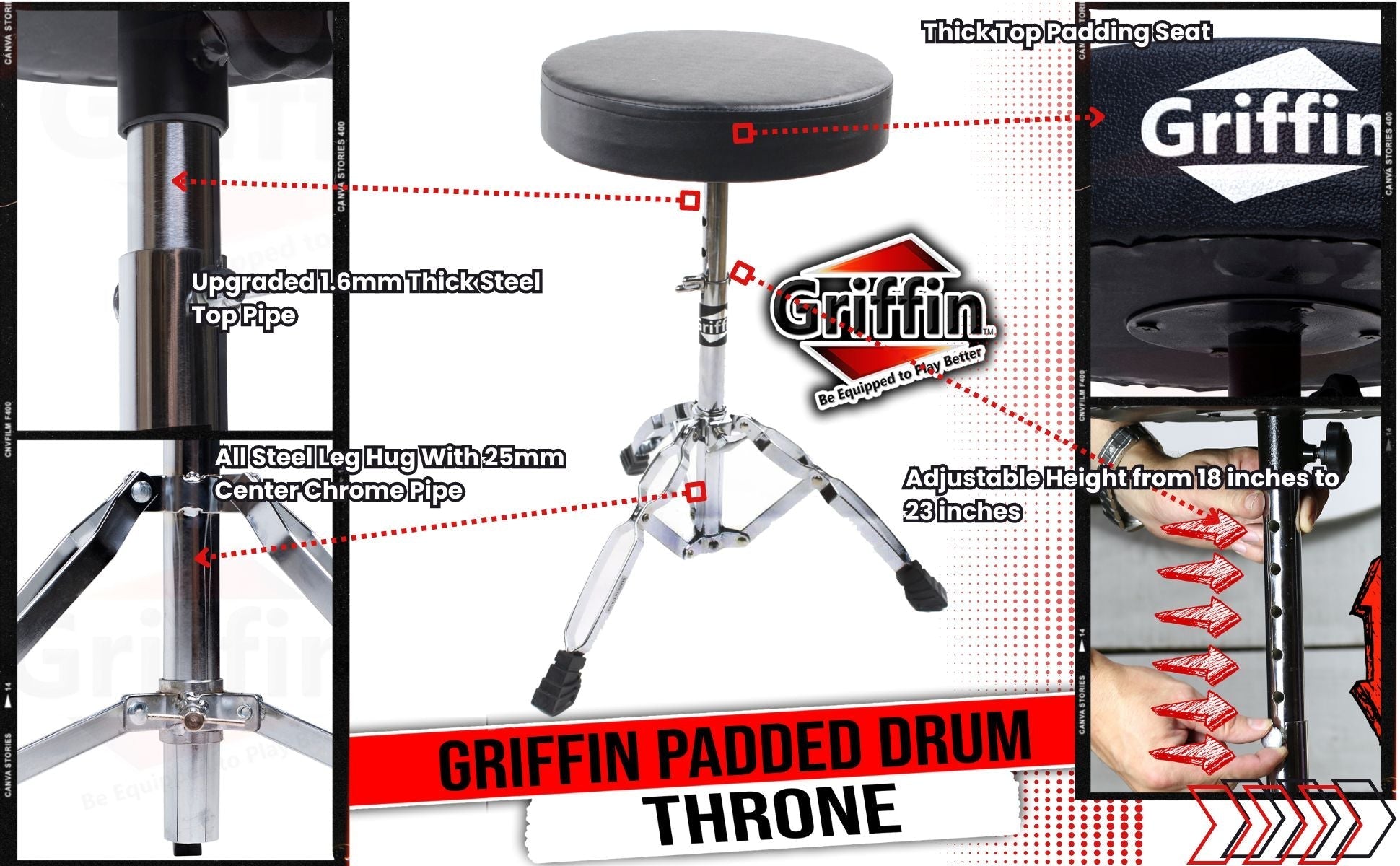 Drum Throne Stand by GRIFFIN | Padded Drummer’s Seat | Comfortable Drum Set Percussion Chair for Adults | Professional Musicians Guitar Stool Double Braced Hardware for Practice with Adjustable Height GeekStands.com