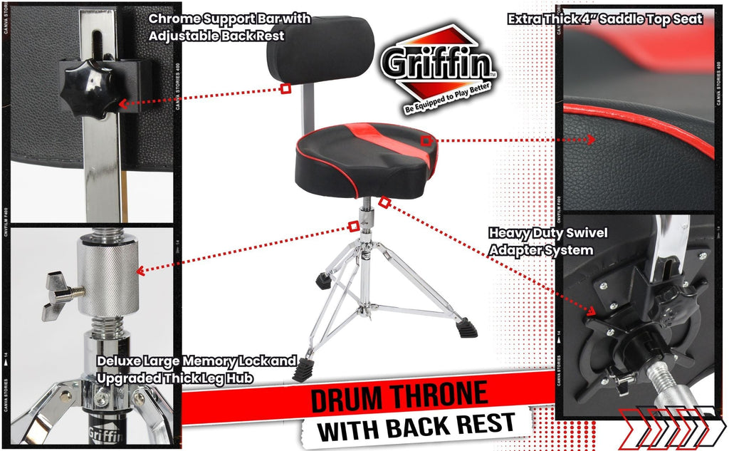 Saddle Drum Throne with Backrest Support by GRIFFIN - Padded Leather Drummer Motorcycle Biker Style Seat - Swivel Adjustable Height Music Drum Chair GeekStands.com