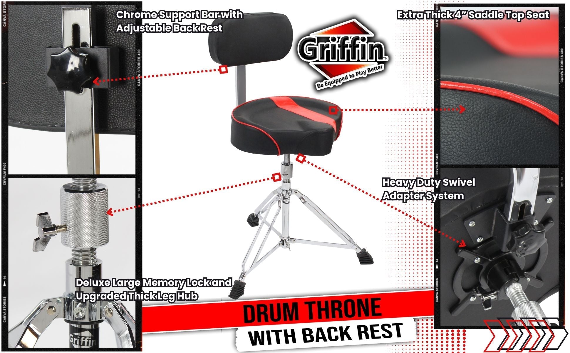 Saddle Drum Throne with Backrest Support by GRIFFIN - Padded Leather Drummer Motorcycle Biker Style Seat - Swivel Adjustable Height Music Drum Chair GeekStands.com