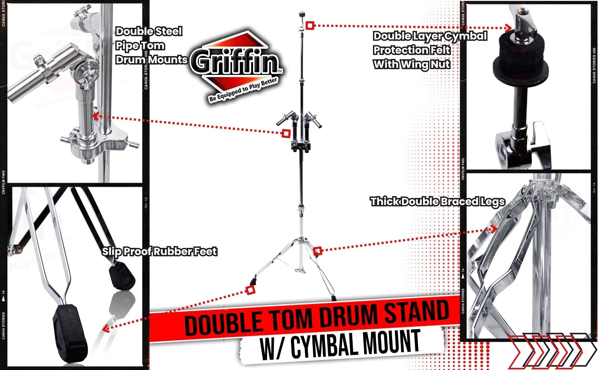 Double Tom Drum Stand with Cymbal Arm by GRIFFIN | Drummers Percussion Set Hardware with Dual Drum Mounts | Medium Duty Tom Holder with Double Braced Tripod Legs | Accommodates All Standard Cymbals GeekStands.com
