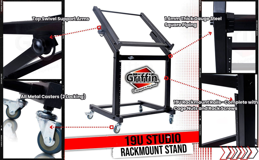 Rack Mount Rolling Stand & Adjustable Mixer Platform Rails by GRIFFIN - 19U Cart Holder for Music Studio Booth Pro Audio Recording Cabinet Equipment GeekStands.com
