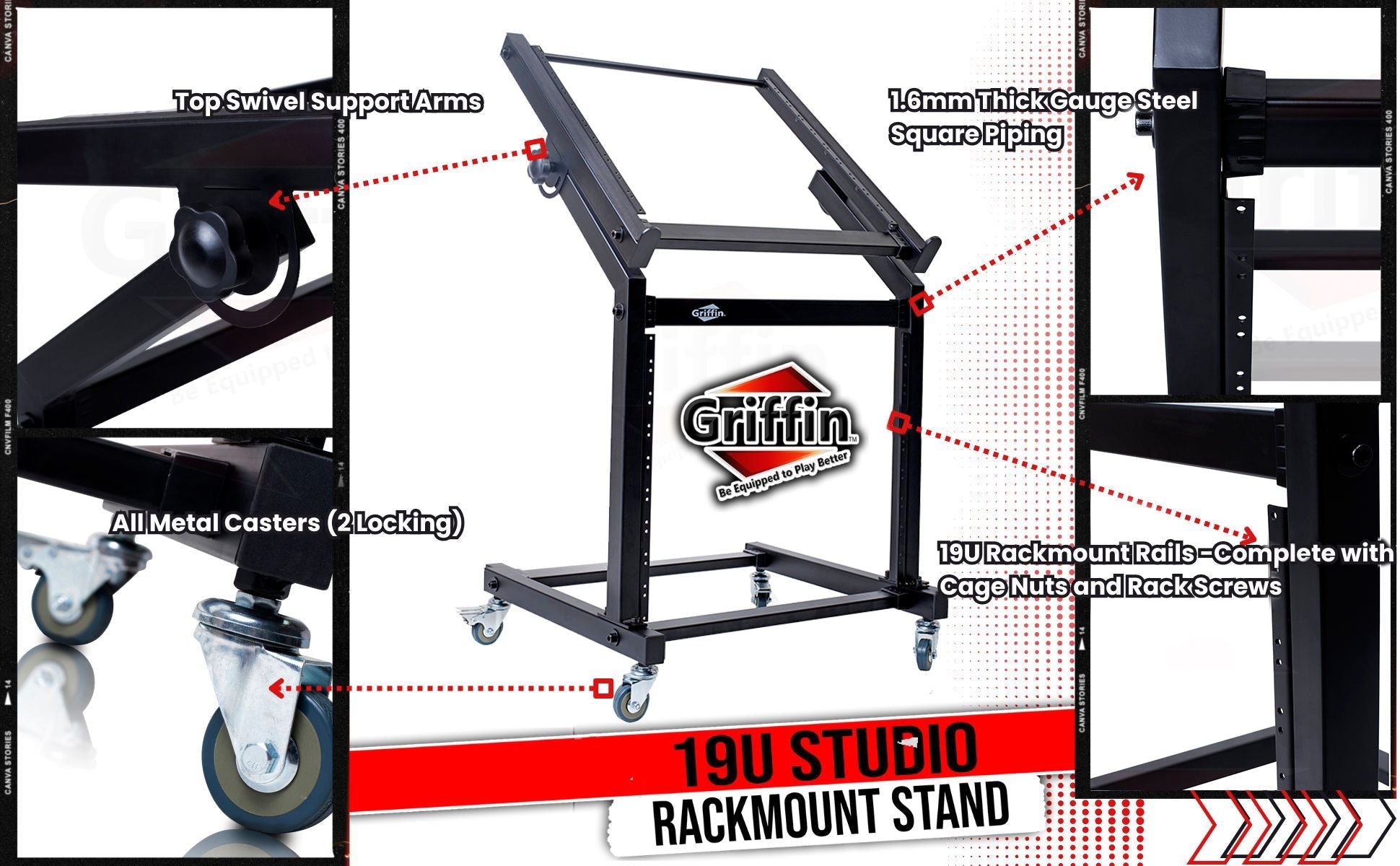 Rack Mount Rolling Stand & Adjustable Mixer Platform Rails by GRIFFIN - 19U Cart Holder for Music Studio Booth Pro Audio Recording Cabinet Equipment GeekStands.com