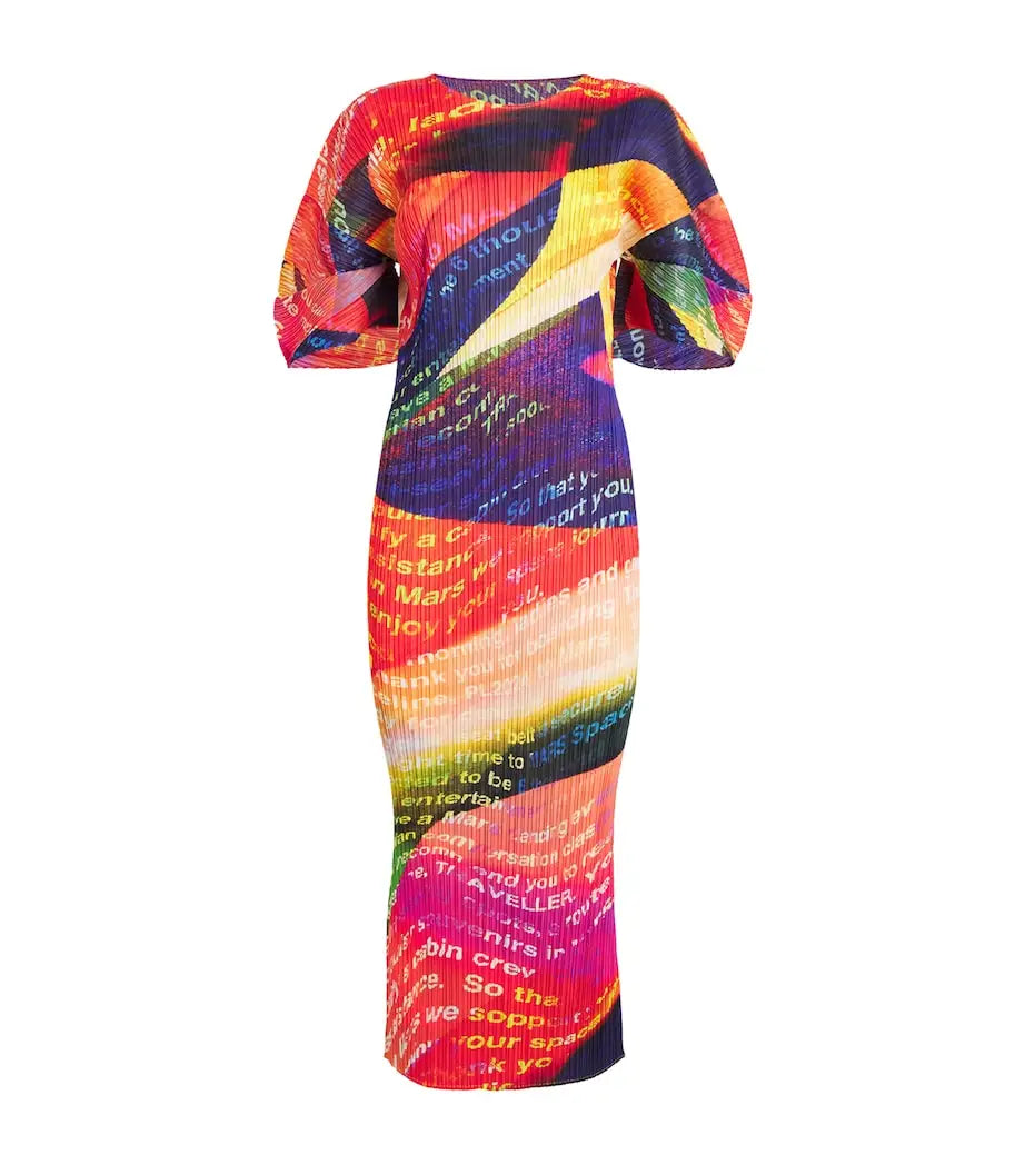 Vibrant Printed Pleated Maxi Dress Boho Brown