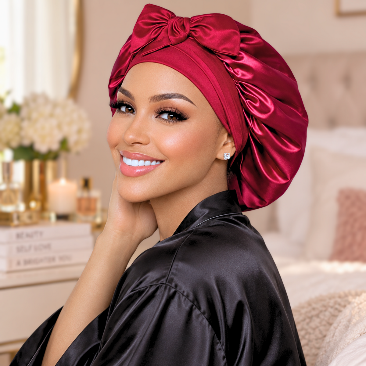 Silk-Blend Satin Bonnet for Sleeping – Non-Slip, Stays On All Night – Adjustable Stretch Ties PHC
