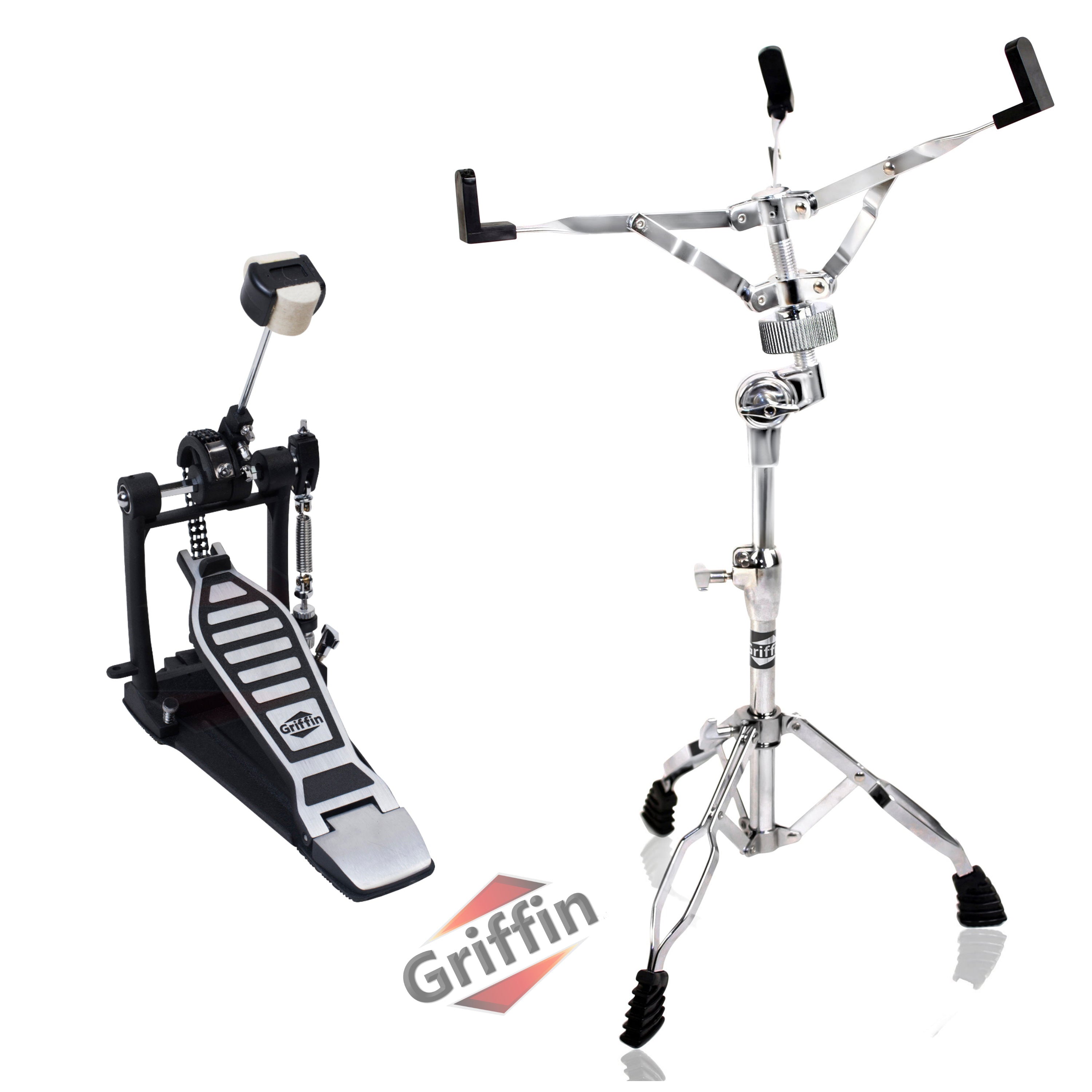 Single Kick Bass Drum Pedal & Snare Drum Stand Package (2-Piece Kit) by Griffin -Deluxe Double-Chain Foot Percussion Kit with 4-Sided Beater & Adjustable Power Cam System for Intense Play GeekStands.com