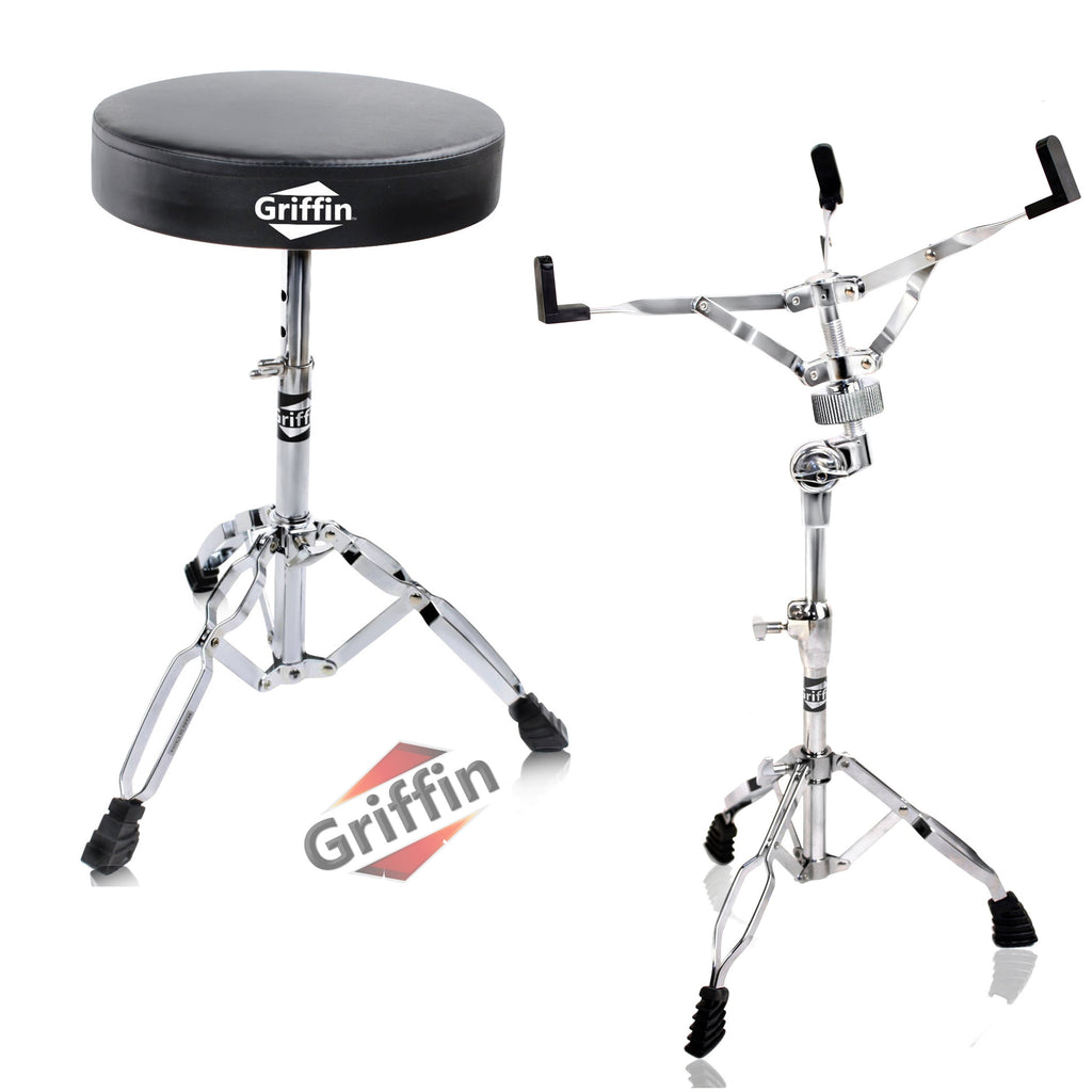Snare Stand & Drum Throne 2-PACK Set by GRIFFIN | Percussion Chrome Hardware Kit & Double Braced Light-Weight Mount for Standard Snares, Tom-Toms & Practice Pad | Slip-Proof Gear Tilter & Clamp Holder GeekStands.com