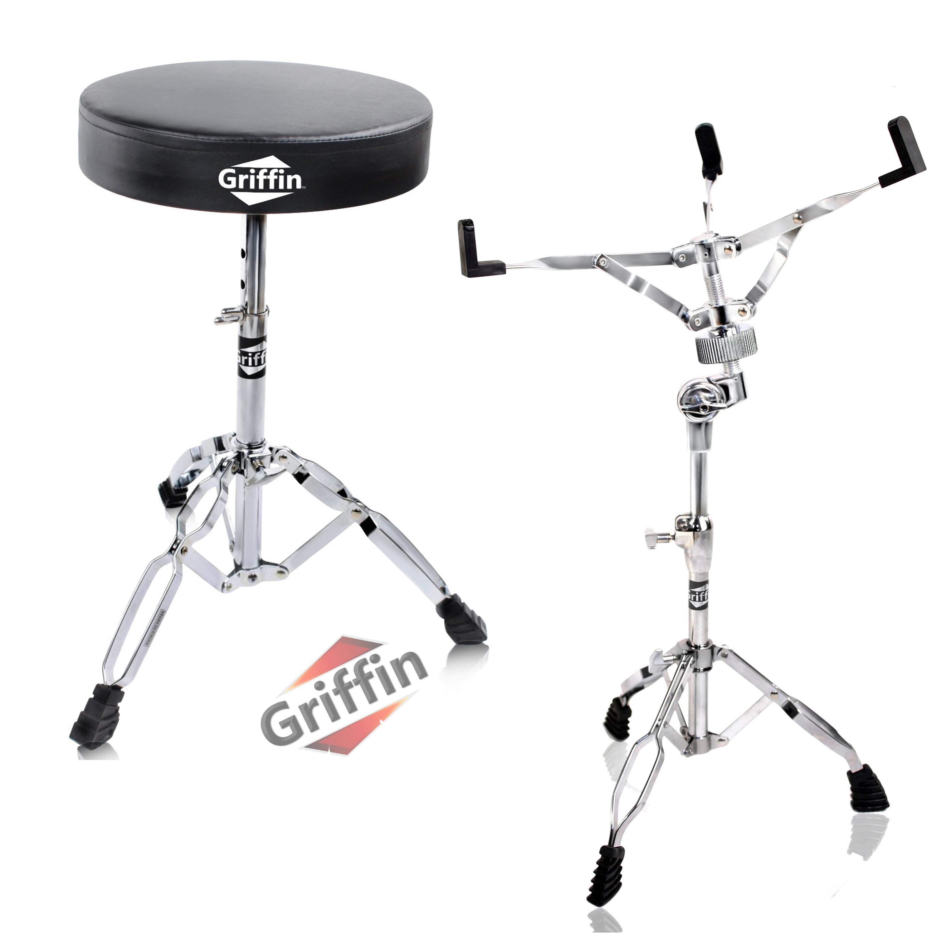 Snare Stand & Drum Throne 2-PACK Set by GRIFFIN | Percussion Chrome Hardware Kit & Double Braced Light-Weight Mount for Standard Snares, Tom-Toms & Practice Pad | Slip-Proof Gear Tilter & Clamp Holder GeekStands.com