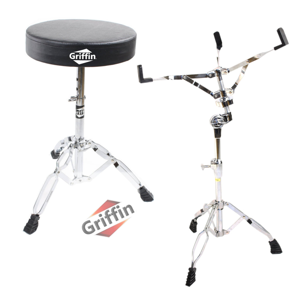 GRIFFIN Snare Stand & Drum Throne (2-Pack Set) - Chrome Percussion Hardware Kit with Double-Braced Lightweight Mount for Snares, Tom-Toms & Practice Pads - Slip-Proof Gear Tilter & Clamp Holder GeekStands.com