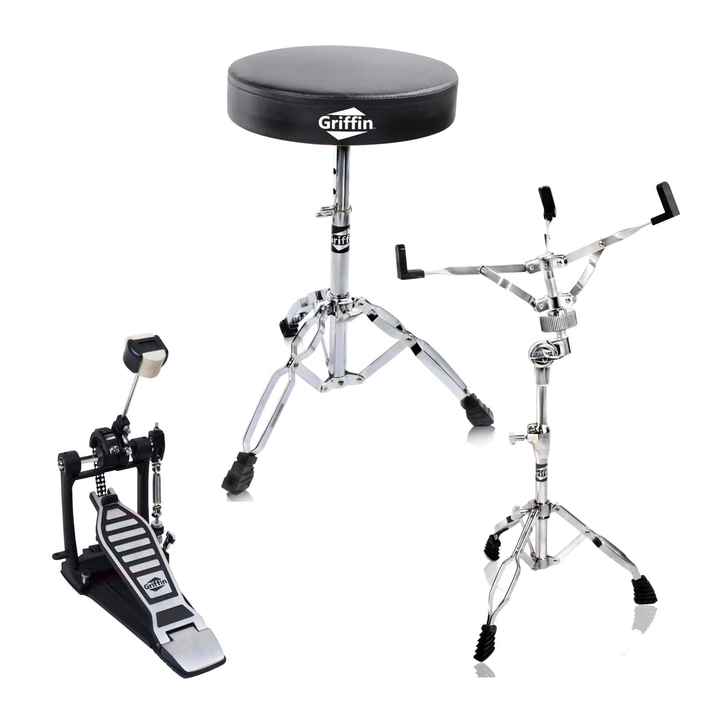 Single Kick Bass Pedal, Drum Throne & Snare Stand (3-Piece Set) by GRIFFIN - Double-Chain Foot Percussion Kit for Intense Play & Comfortable Drum Seat for Adults GeekStands.com