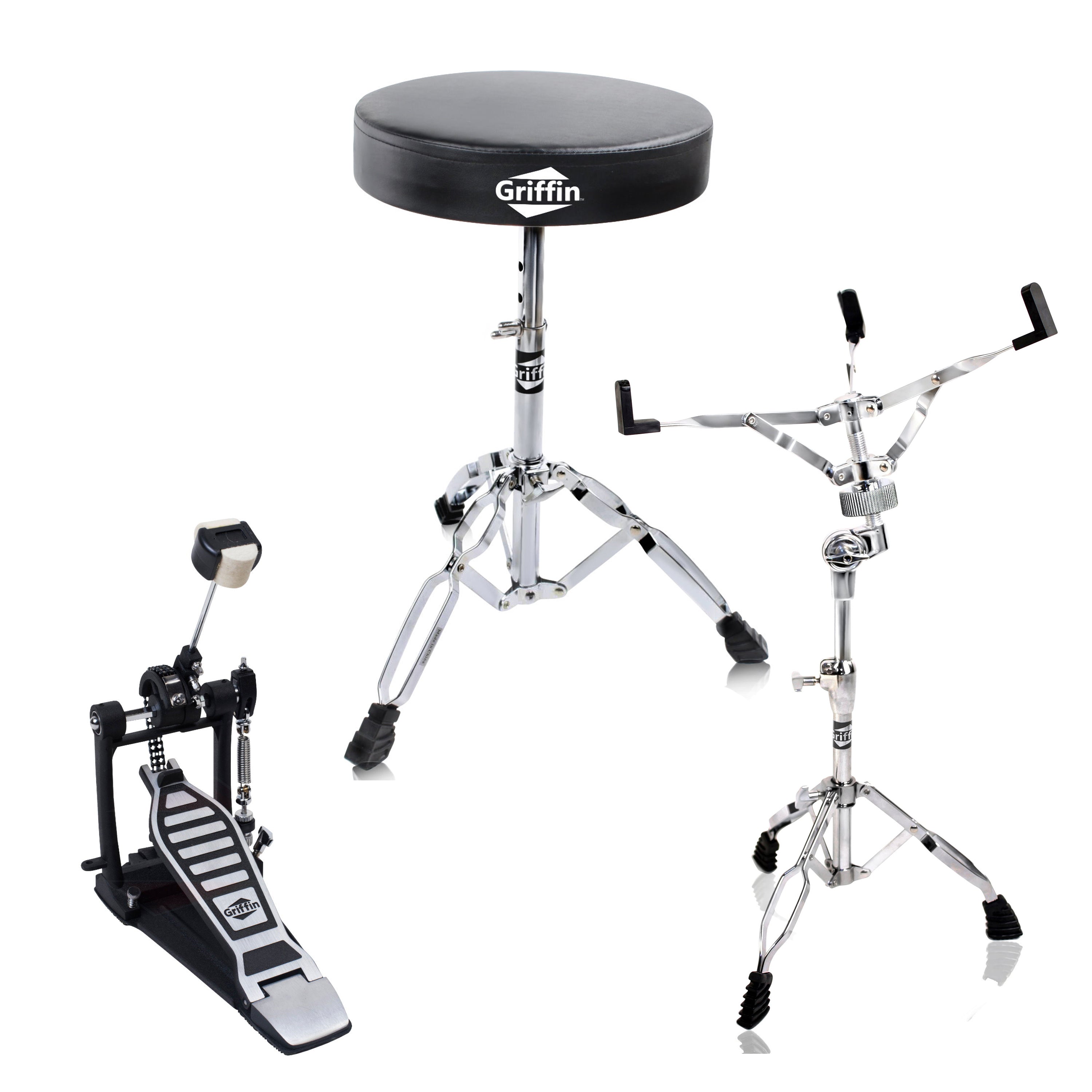 Single Kick Bass Pedal, Drum Throne & Snare Stand (3-Piece Set) by GRIFFIN - Double-Chain Foot Percussion Kit for Intense Play & Comfortable Drum Seat for Adults GeekStands.com