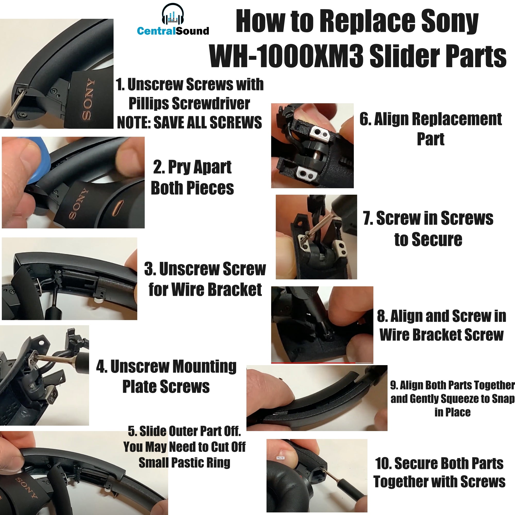 Replacement Side Cover Slider Parts UPGRADE KIT for Sony WH-1000XM3 WH1000XM3 Headphones CentralSound