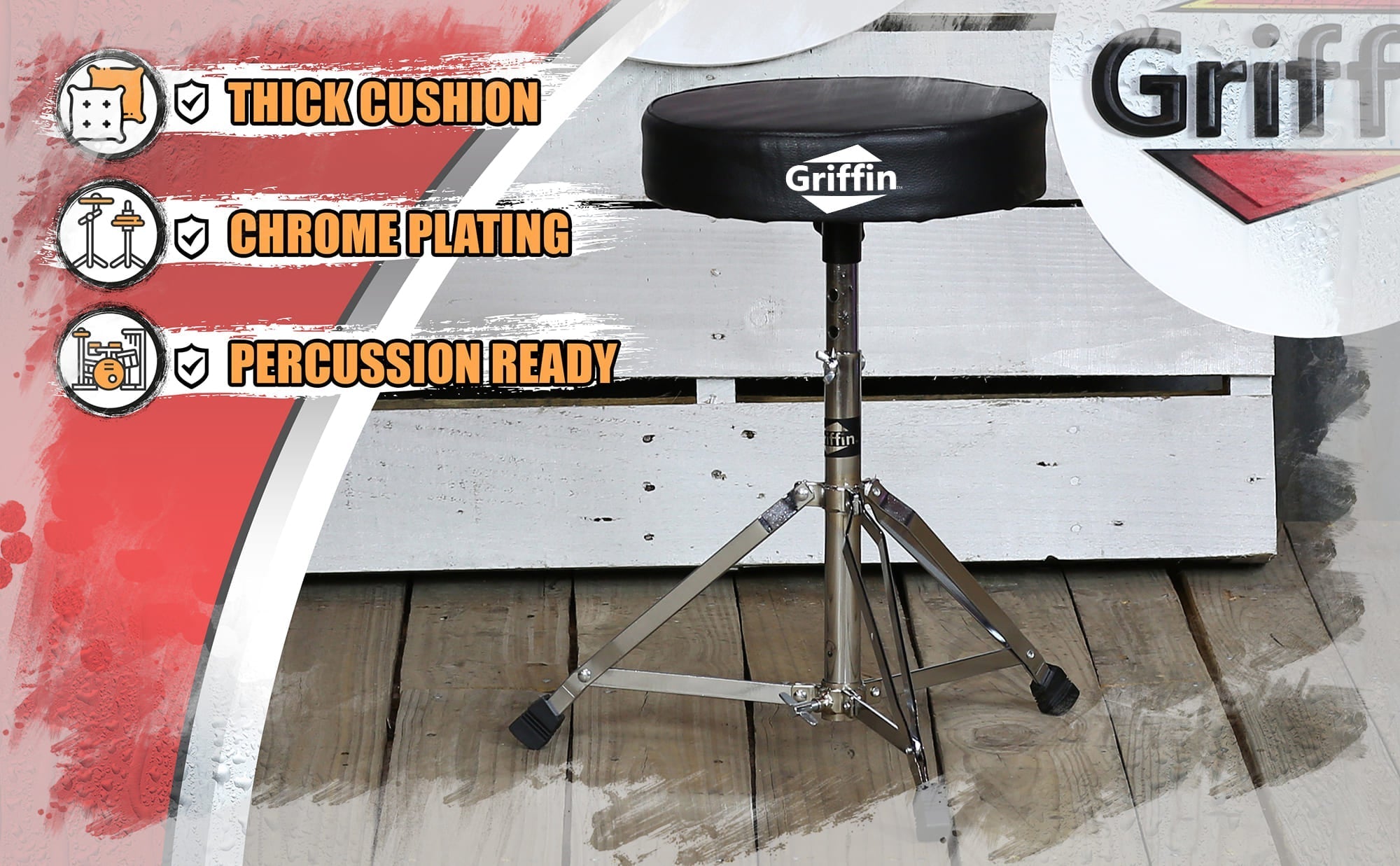 Drum Throne Stand by GRIFFIN | Padded Drummer’s Seat | Comfortable Drum Set Percussion Chair for Adults | Professional Musicians Guitar Stool Double Braced Hardware for Practice with Adjustable Height GeekStands.com
