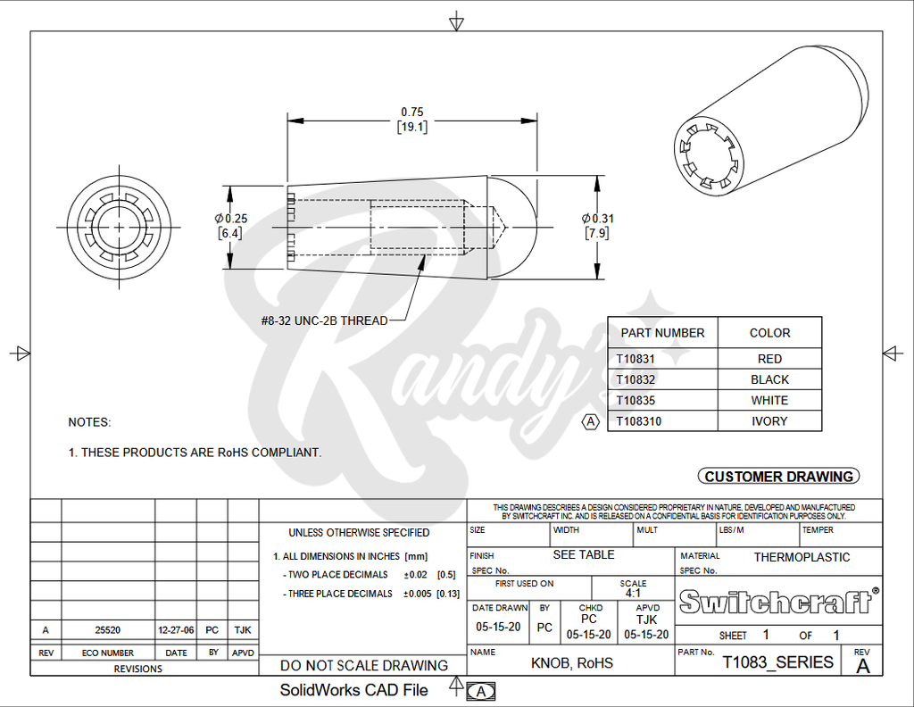 3-Way Toggle Switch Tip (Tall/Long) - Fits Gibson® & Centralab® Randy's LLC