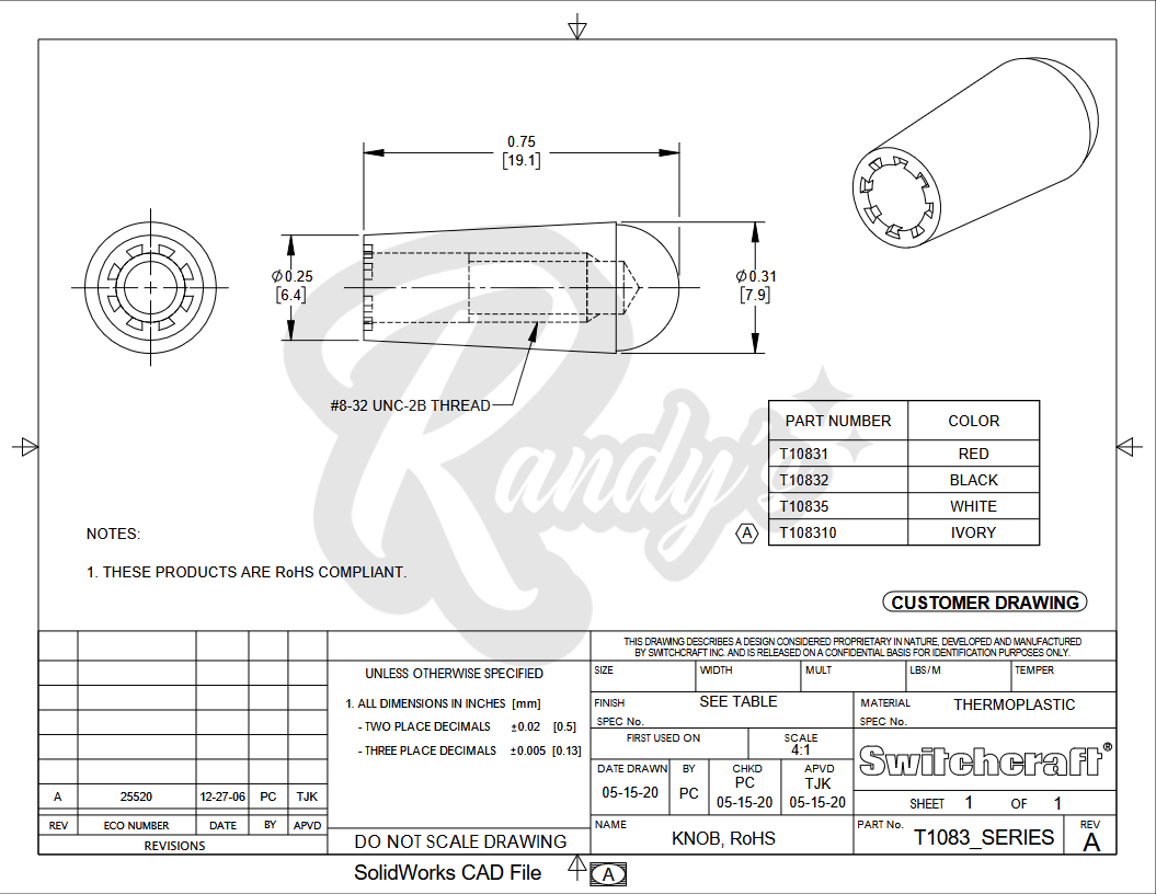 3-Way Toggle Switch Tip (Tall/Long) - Fits Gibson® & Centralab® Randy's LLC