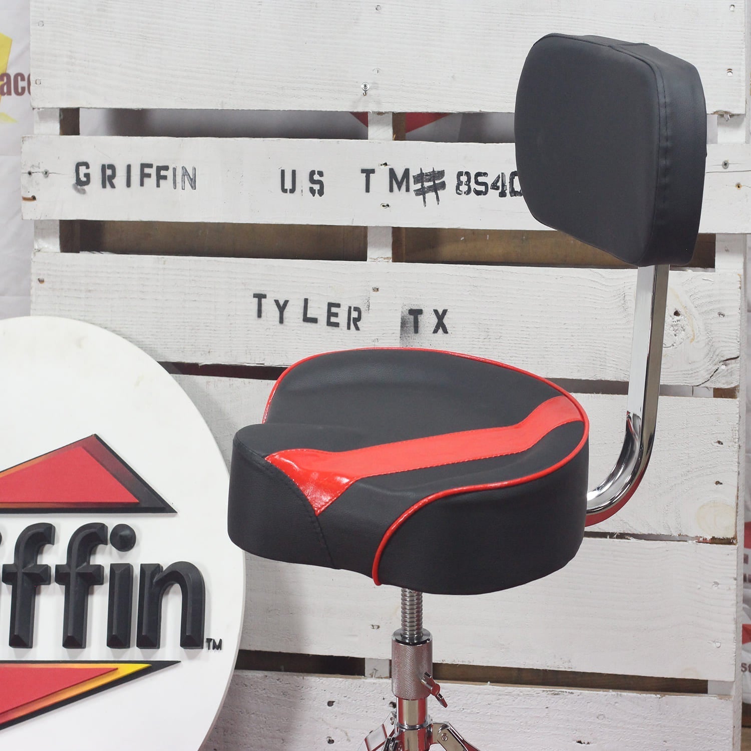 Saddle Drum Throne with Backrest Support by GRIFFIN - Padded Leather Drummer Motorcycle Biker Style Seat - Swivel Adjustable Height Music Drum Chair GeekStands.com