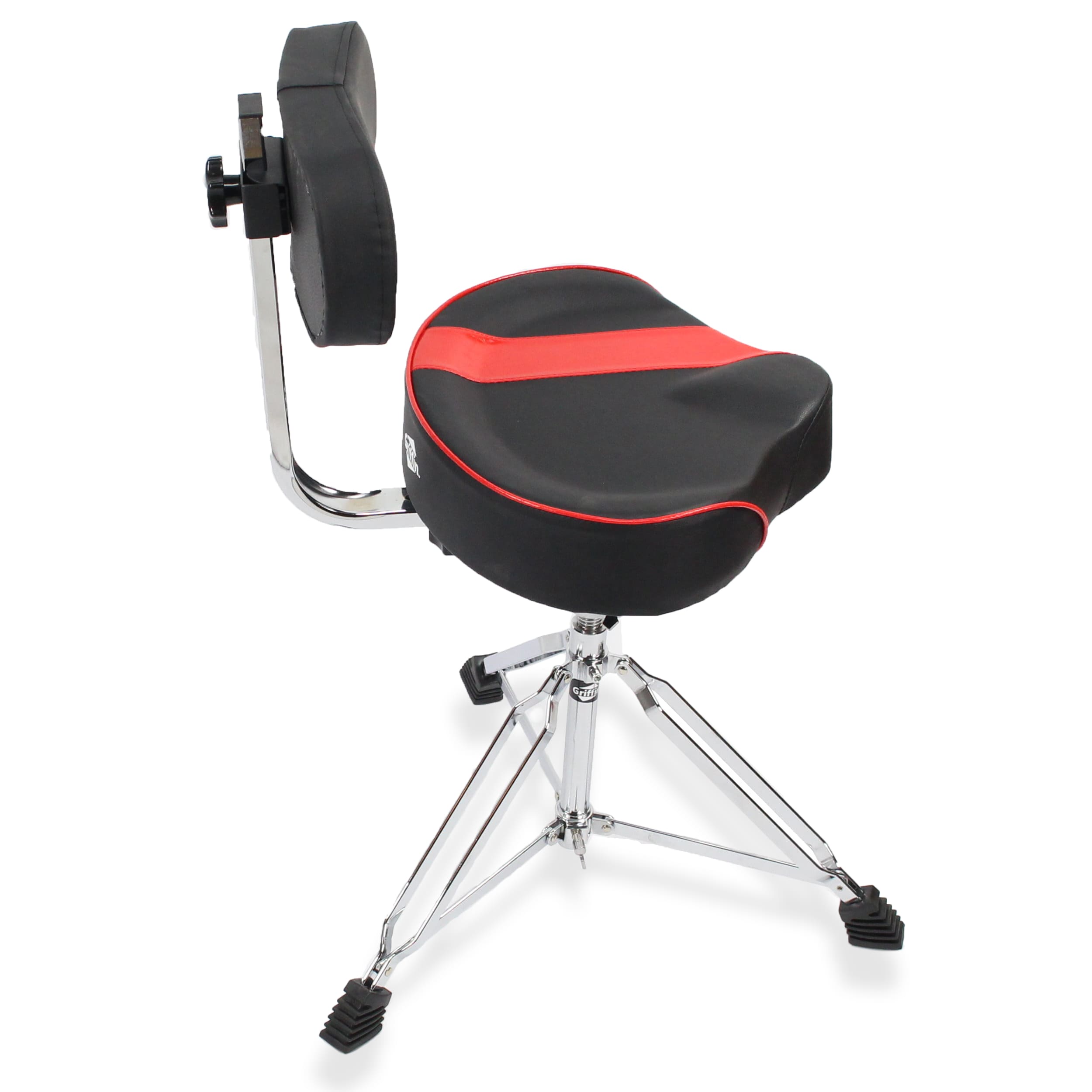 Saddle Drum Throne with Backrest Support by GRIFFIN - Padded Leather Drummer Motorcycle Biker Style Seat - Swivel Adjustable Height Music Drum Chair GeekStands.com