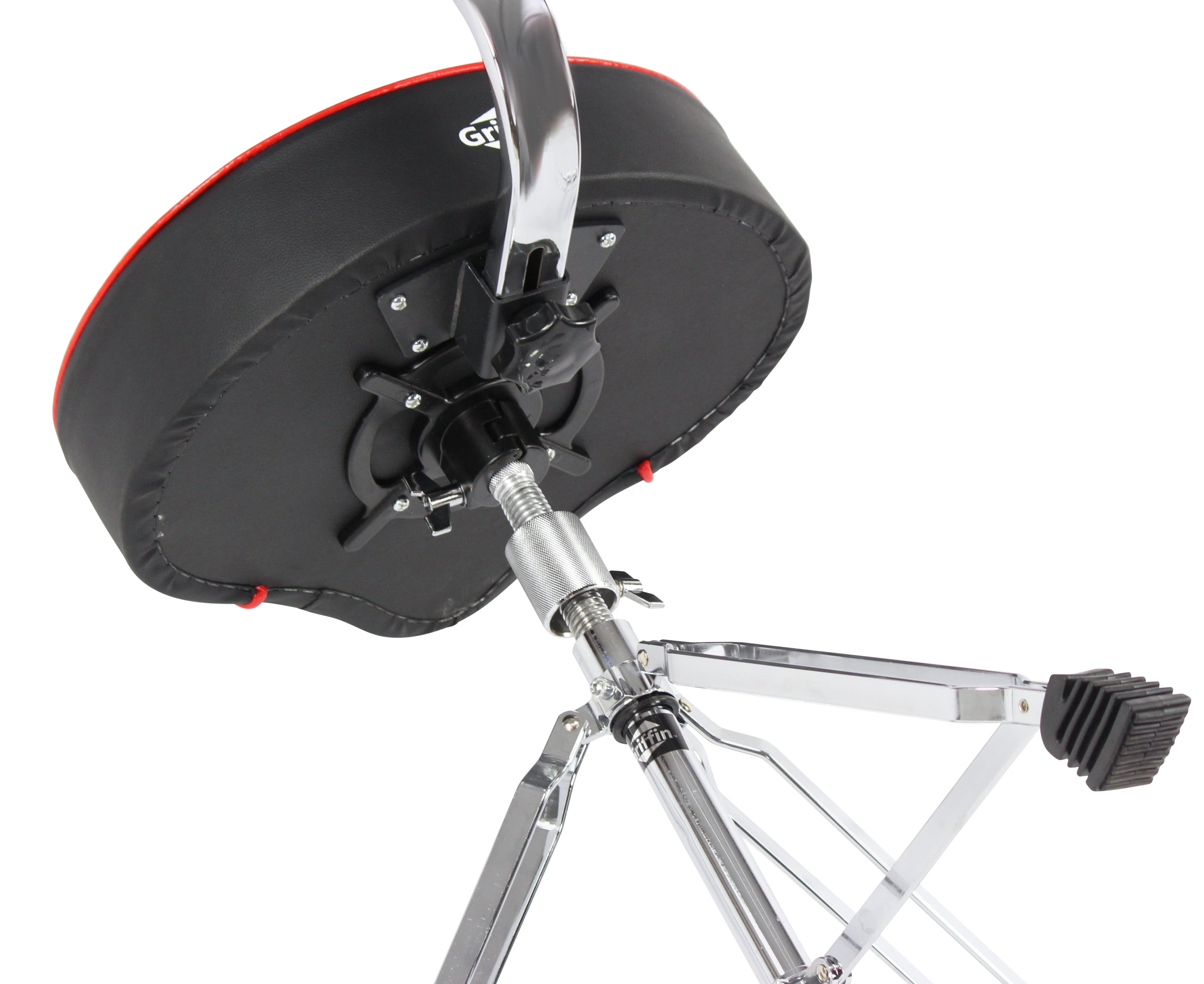Saddle Drum Throne with Backrest Support by GRIFFIN - Padded Leather Drummer Motorcycle Biker Style Seat - Swivel Adjustable Height Music Drum Chair GeekStands.com