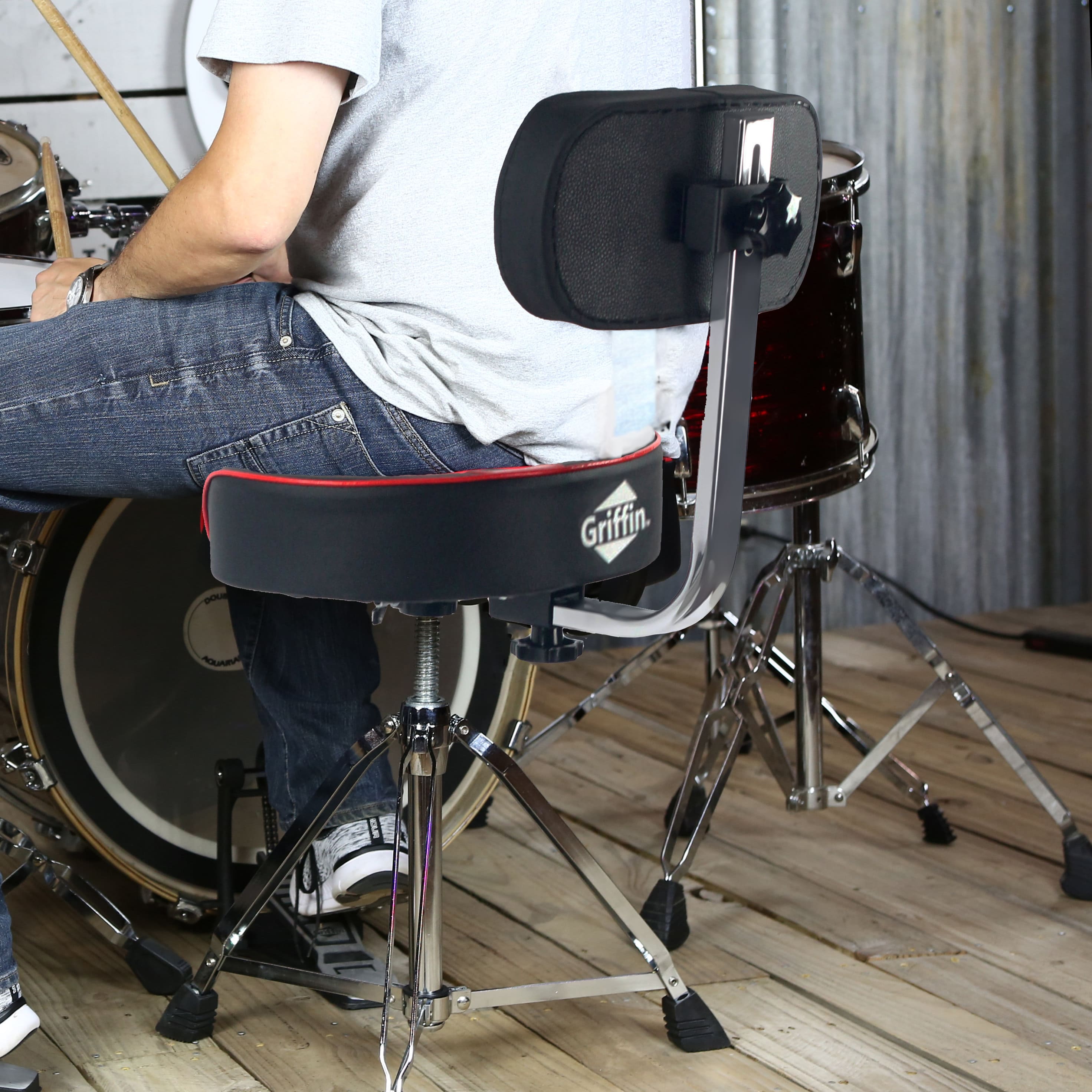 Saddle Drum Throne with Backrest Support by GRIFFIN - Padded Leather Drummer Motorcycle Biker Style Seat - Swivel Adjustable Height Music Drum Chair GeekStands.com