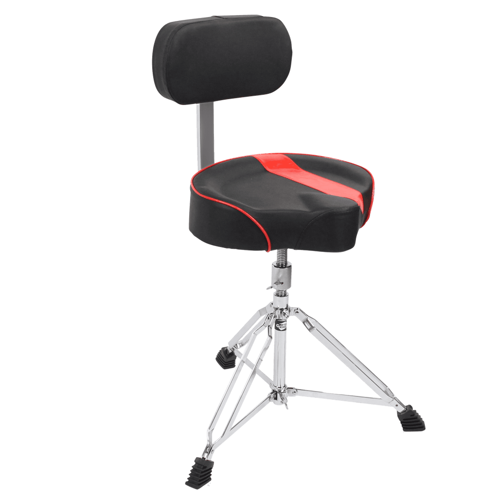 Saddle Drum Throne with Backrest Support by GRIFFIN - Padded Leather Drummer Motorcycle Biker Style Seat - Swivel Adjustable Height Music Drum Chair GeekStands.com