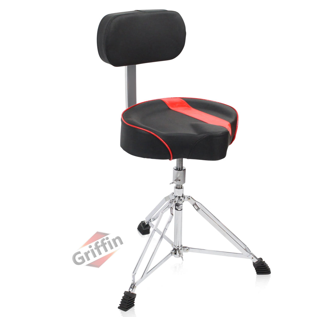 GRIFFIN Drum Throne with Backrest Support | Saddle Style Padded Leather Drummer Motorcycle Biker Seat | Swivel Adjustable Height Music Drum Chair | Musicians Guitar Stool | Percussion Tractor Top GeekStands.com