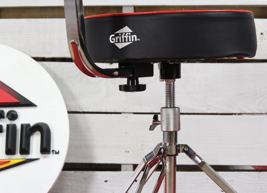 Saddle Drum Throne with Backrest Support by GRIFFIN - Padded Leather Drummer Motorcycle Biker Style Seat - Swivel Adjustable Height Music Drum Chair GeekStands.com
