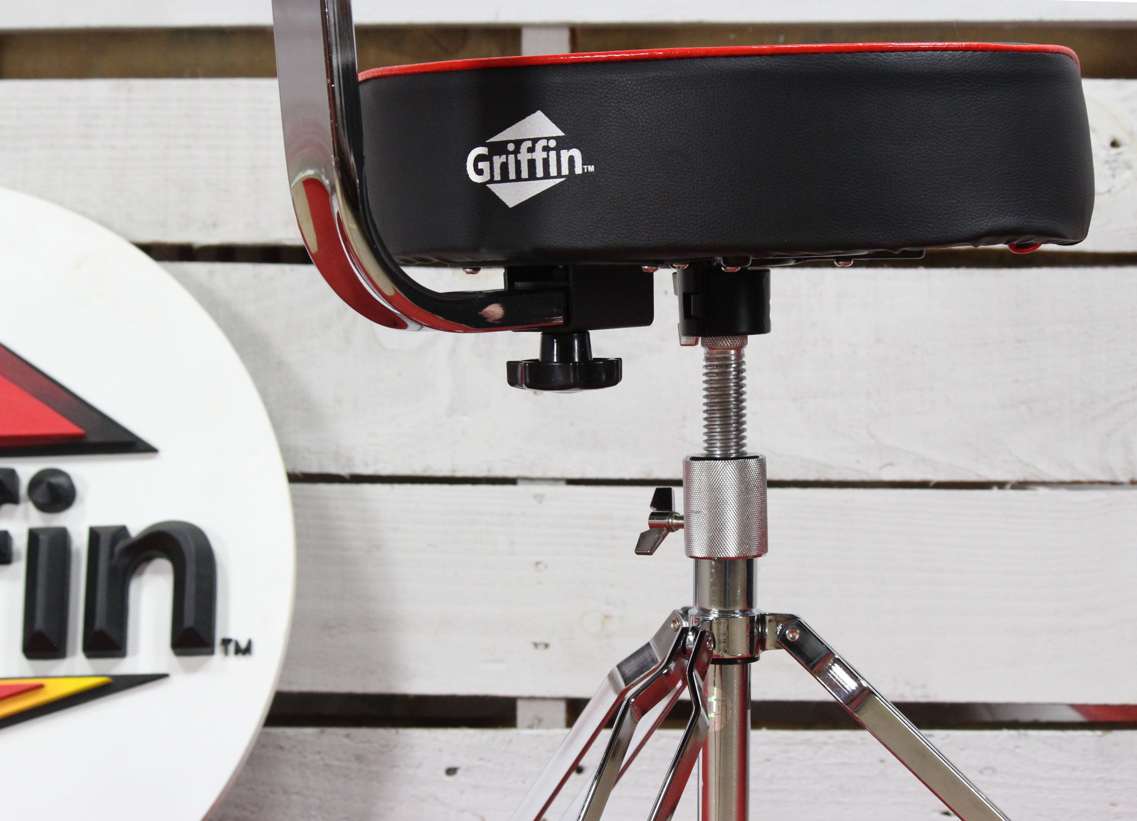 Saddle Drum Throne with Backrest Support by GRIFFIN - Padded Leather Drummer Motorcycle Biker Style Seat - Swivel Adjustable Height Music Drum Chair GeekStands.com