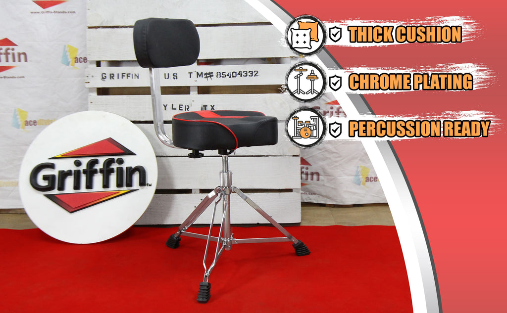 Saddle Drum Throne with Backrest Support by GRIFFIN - Padded Leather Drummer Motorcycle Biker Style Seat - Swivel Adjustable Height Music Drum Chair GeekStands.com