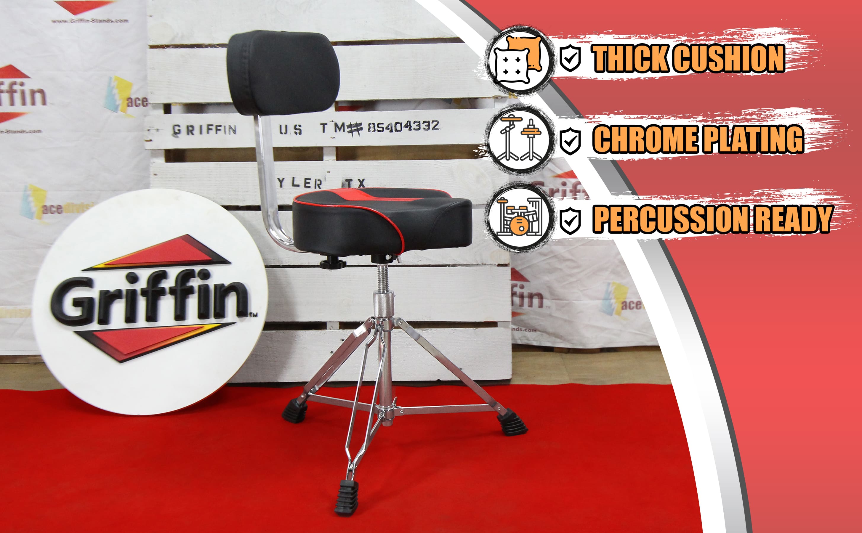 Saddle Drum Throne with Backrest Support by GRIFFIN - Padded Leather Drummer Motorcycle Biker Style Seat - Swivel Adjustable Height Music Drum Chair GeekStands.com