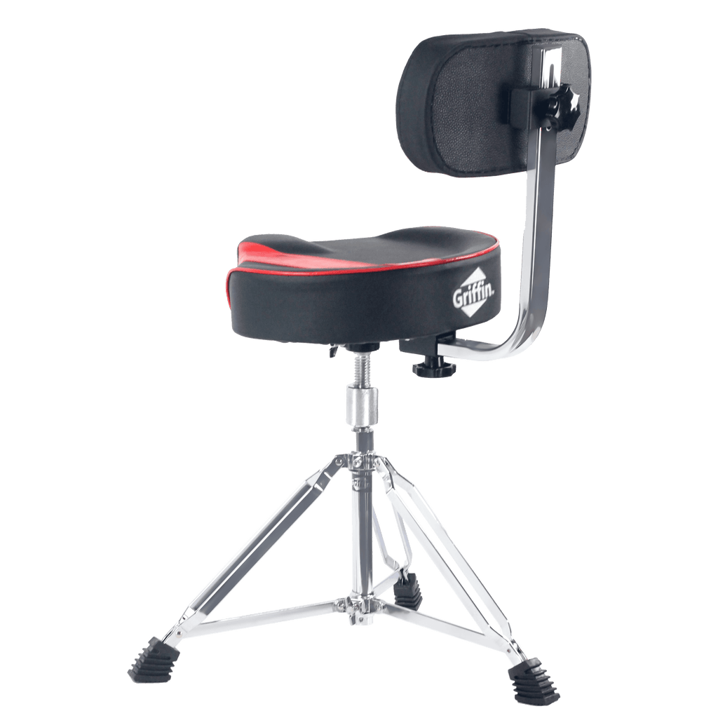 Saddle Drum Throne with Backrest Support by GRIFFIN - Padded Leather Drummer Motorcycle Biker Style Seat - Swivel Adjustable Height Music Drum Chair GeekStands.com