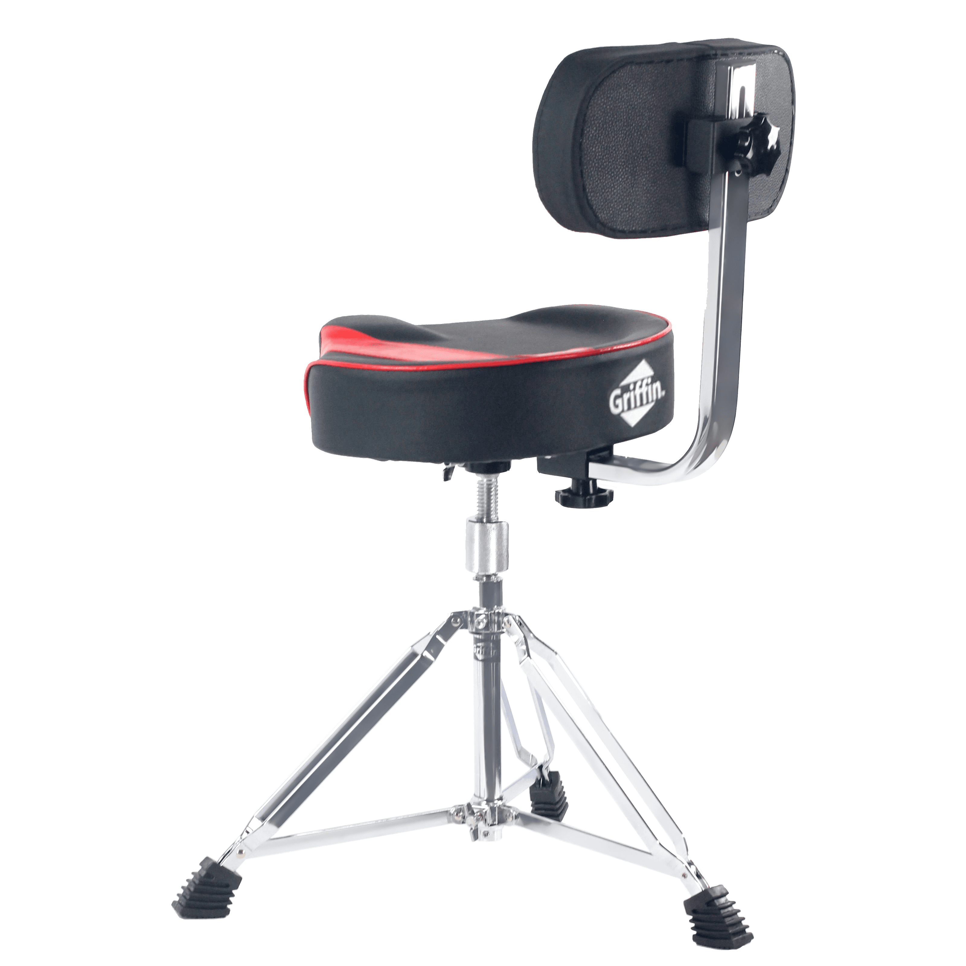 Saddle Drum Throne with Backrest Support by GRIFFIN - Padded Leather Drummer Motorcycle Biker Style Seat - Swivel Adjustable Height Music Drum Chair GeekStands.com