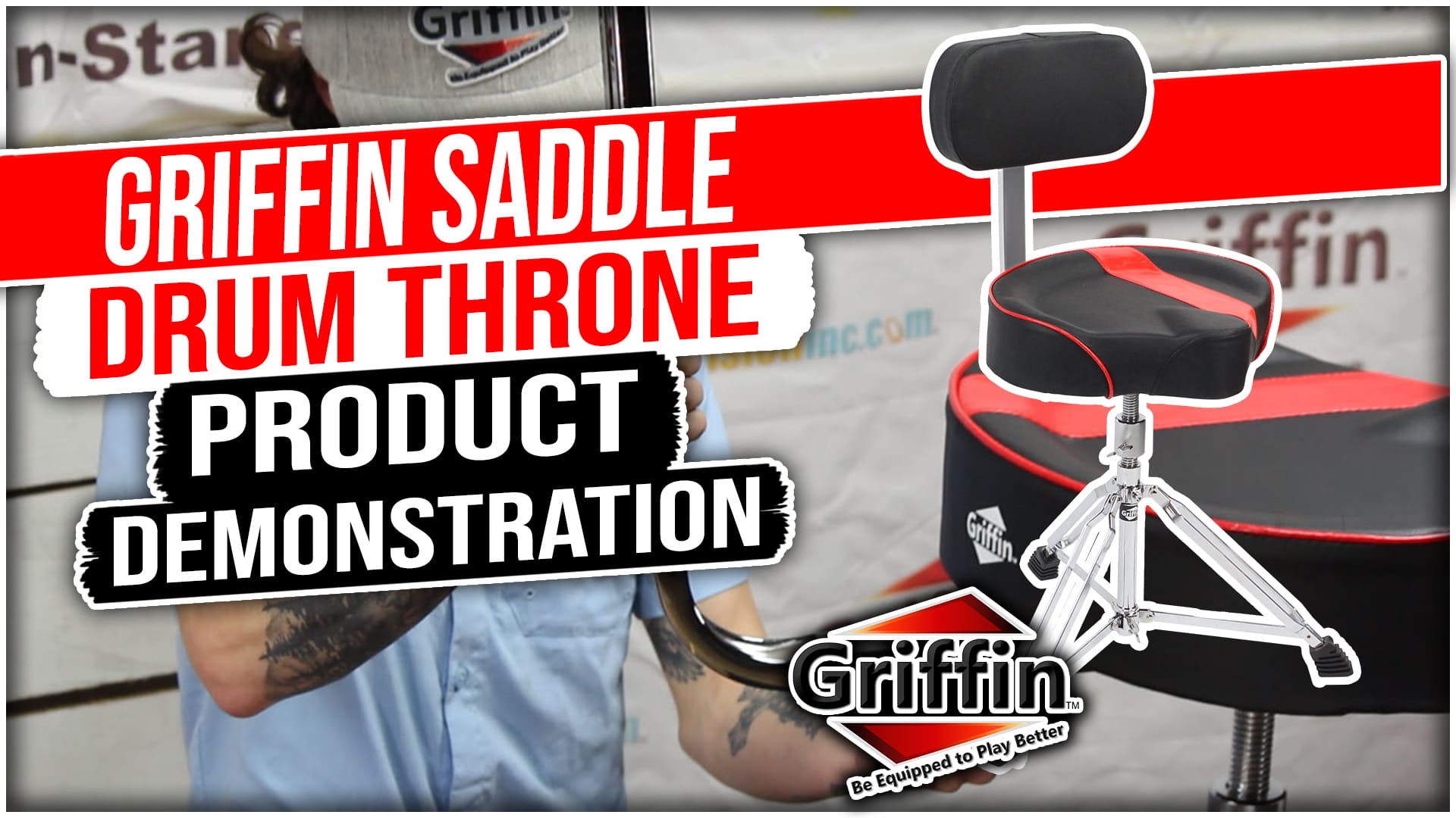 Saddle Drum Throne with Backrest Support by GRIFFIN - Padded Leather Drummer Motorcycle Biker Style Seat - Swivel Adjustable Height Music Drum Chair GeekStands.com