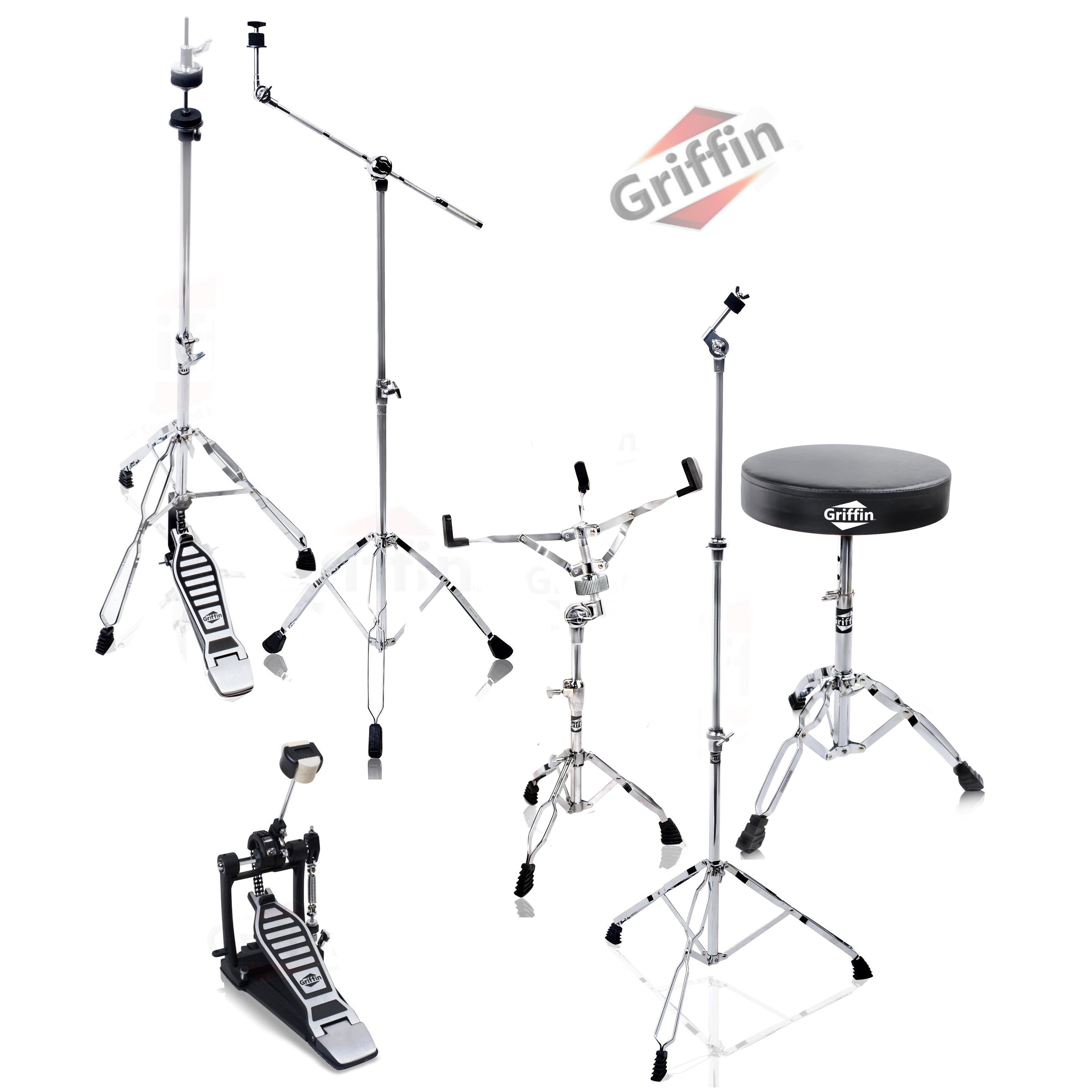 Drum Hardware Pack Complete 6 Piece Set by GRIFFIN - Full Size Percussion Stand Kit with Snare, Hi-Hat, Cymbal Boom, Throne Stool & Single Kick Pedal GeekStands.com