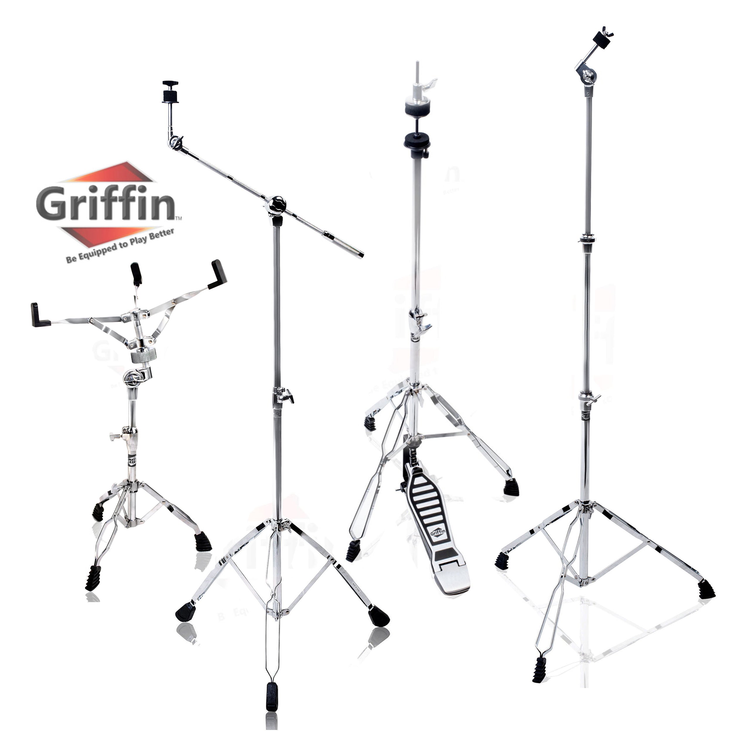 GRIFFIN Cymbal Stand Hardware Pack 4 Piece Set - Full Size Percussion Drum Hardware Kit with Snare Mount, Hi-Hat Pedal, Cymbal Boom, & Straight Stand GeekStands.com