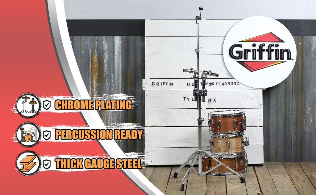 Double Tom Drum Stand with Cymbal Arm by GRIFFIN | Drummers Percussion Set Hardware with Dual Drum Mounts | Medium Duty Tom Holder with Double Braced Tripod Legs | Accommodates All Standard Cymbals GeekStands.com