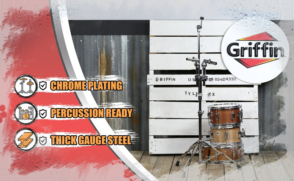 Double Tom Drum Stand with Cymbal Arm by GRIFFIN - Drummers Percussion Set Hardware with Dual Drum Mounts - Tom Holder with Double Braced Legs GeekStands.com